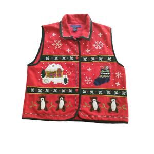 Red Christmas Holiday Wool Appliqued Bear Sweater Vest by Life Style
